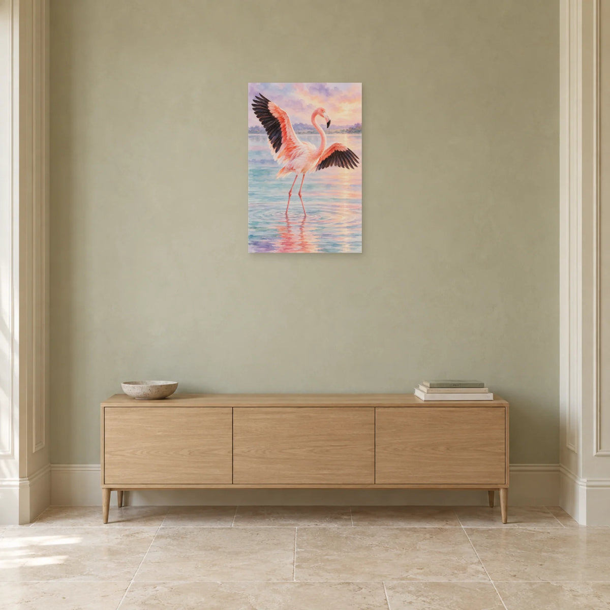 Affiche Aquarelle Flamant ailes ouvertes dans une entrée ou un couloir - Art Virtuoso