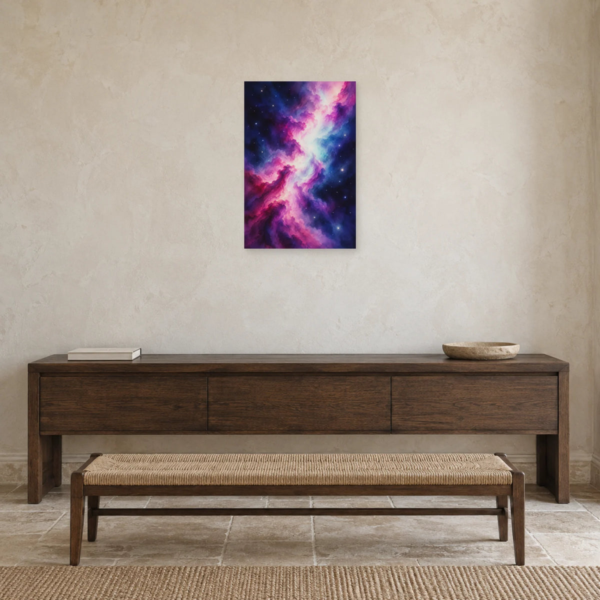 Affiche Aquarelle Galaxie en lavis violet dans une entrée ou un couloir - Art Virtuoso