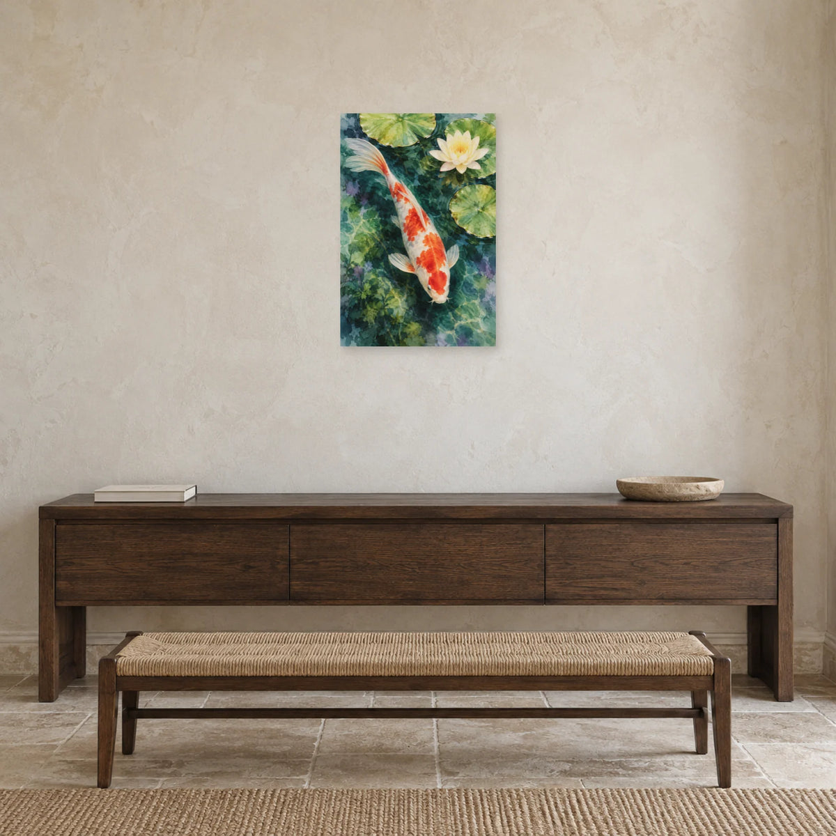 Affiche Aquarelle Koï sous les nymphéas dans une entrée ou un couloir - Art Virtuoso