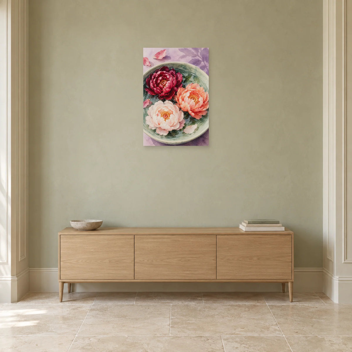 Affiche Aquarelle Pivoines sur l'eau dans une entrée ou un couloir - Art Virtuoso