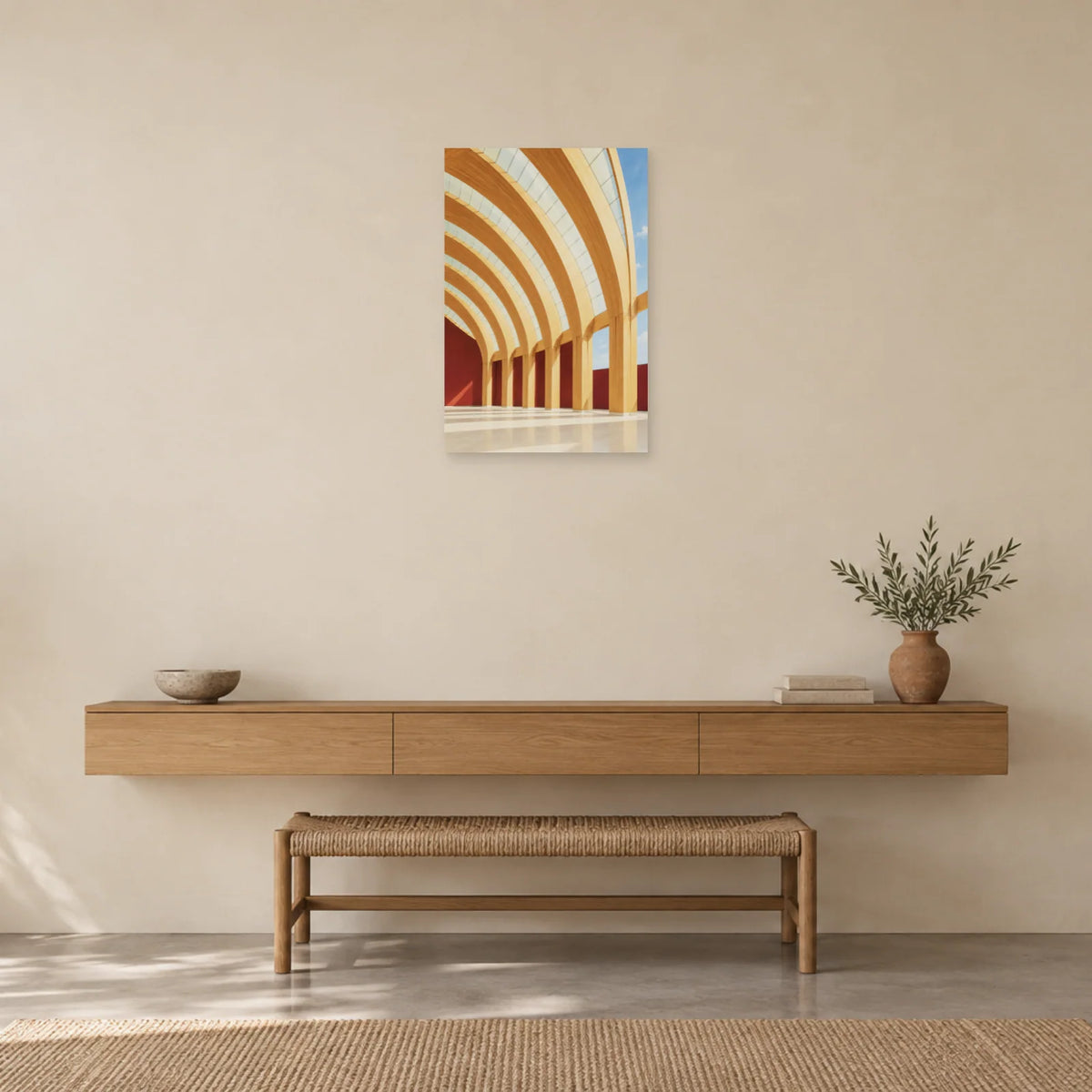 Affiche architecture charpente en bois courbe dans une entrée ou un couloir - Art Virtuoso