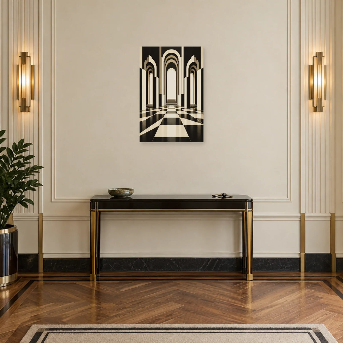 Affiche Art déco - Arcades noir et blanc dans une entrée ou un couloir - Art Virtuoso