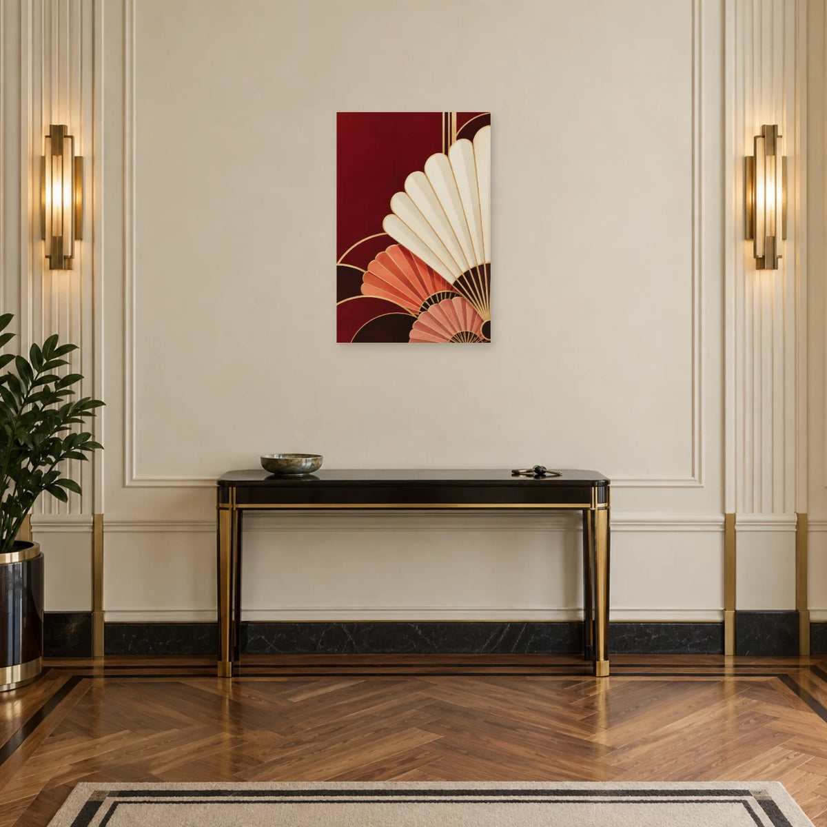 Affiche Art déco - Éventails nacre et grenat dans une entrée ou un couloir - Art Virtuoso