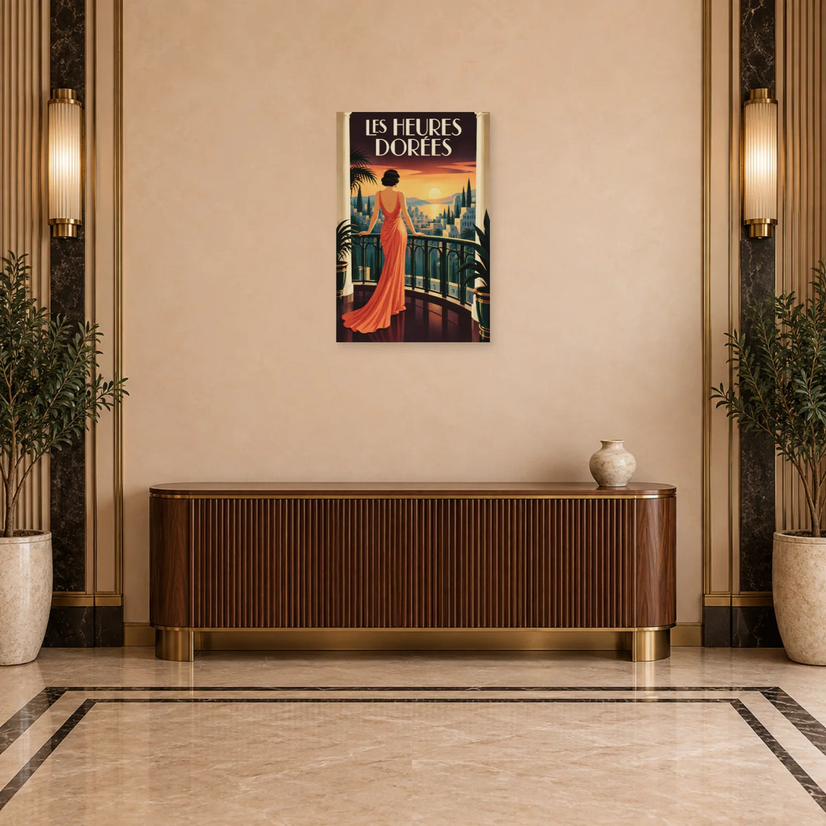 Affiche Art déco - Femme au balcon des heures dorées dans une entrée ou un couloir - Art Virtuoso