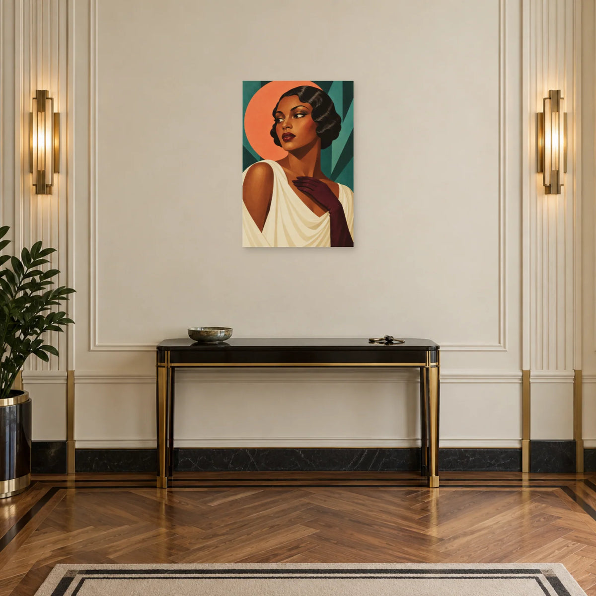 Affiche Art déco - Femme au gant prune dans une entrée ou un couloir - Art Virtuoso
