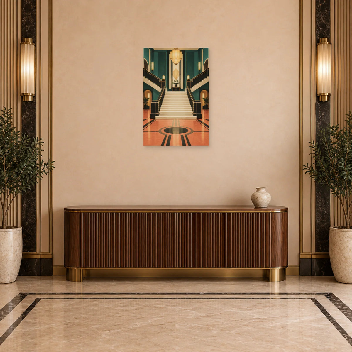 Affiche Art déco - Grand escalier d'onyx dans une entrée ou un couloir - Art Virtuoso