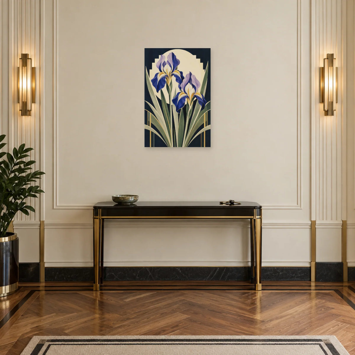 Affiche Art déco - Iris cobalt et or dans une entrée ou un couloir - Art Virtuoso