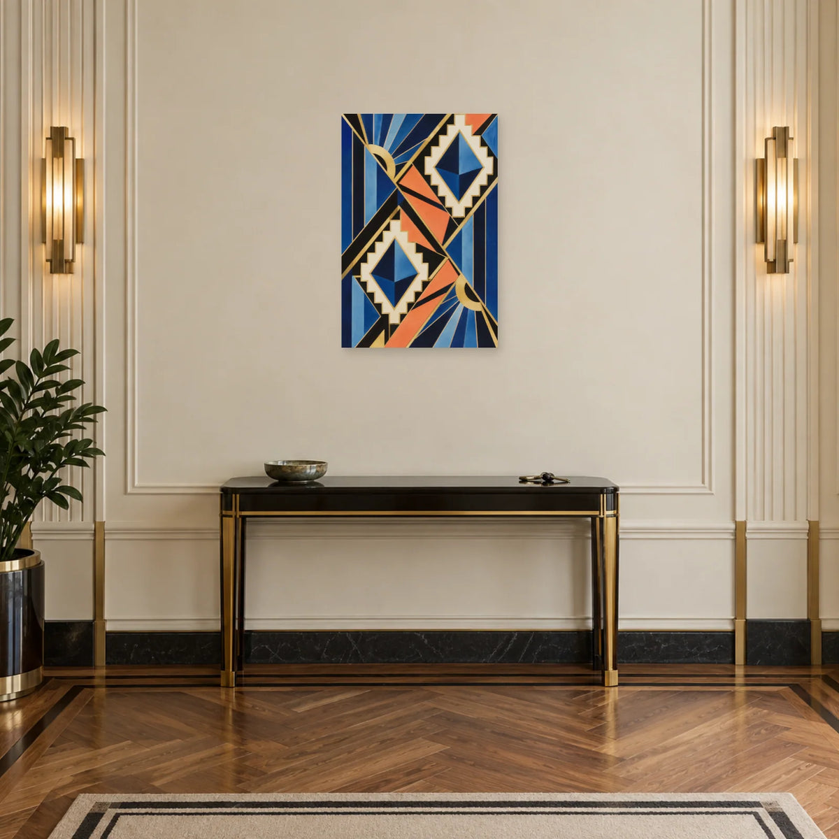 Affiche Art déco - Losanges saphir et corail dans une entrée ou un couloir - Art Virtuoso