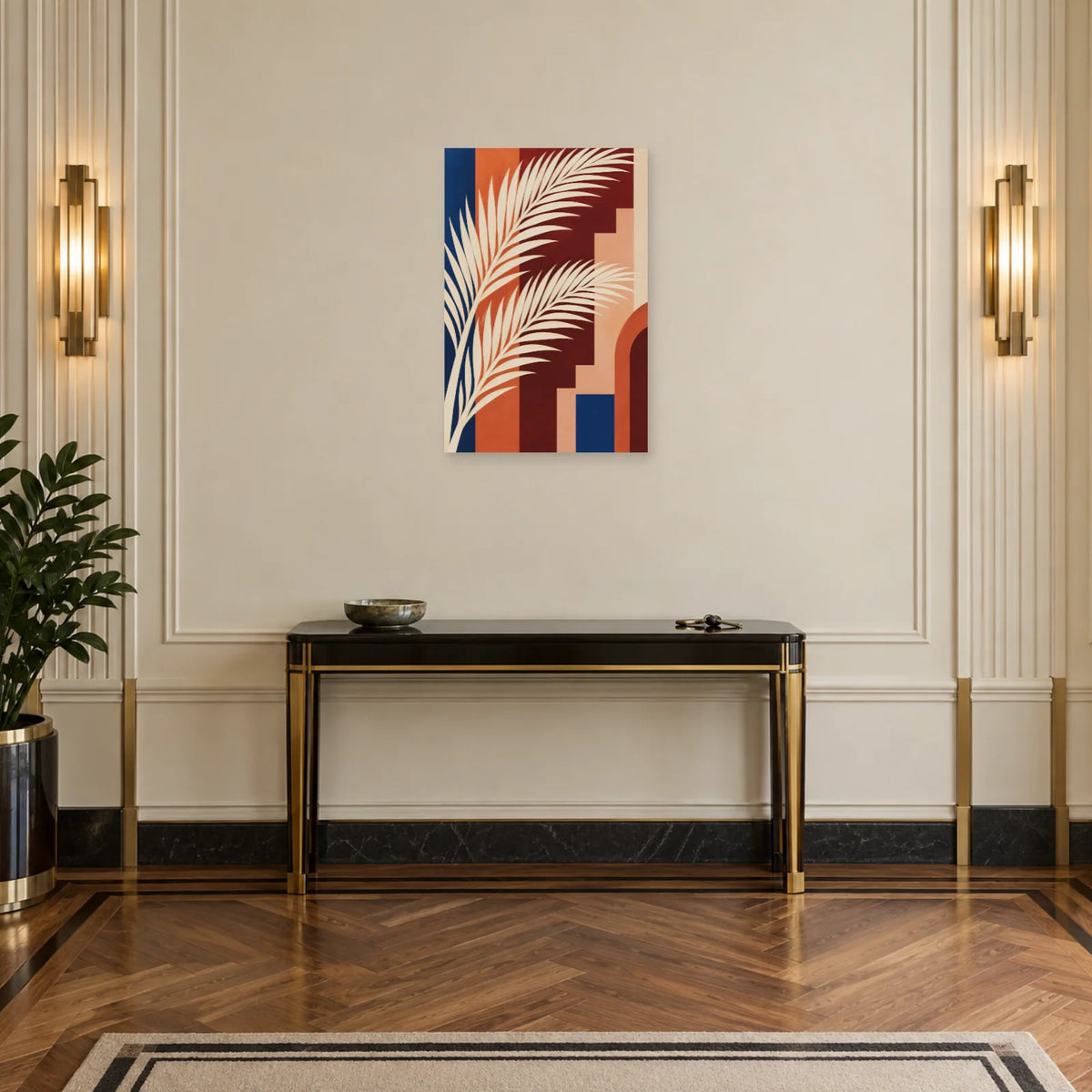 Affiche Art déco - Palmes ivoire et terracotta dans une entrée ou un couloir - Art Virtuoso