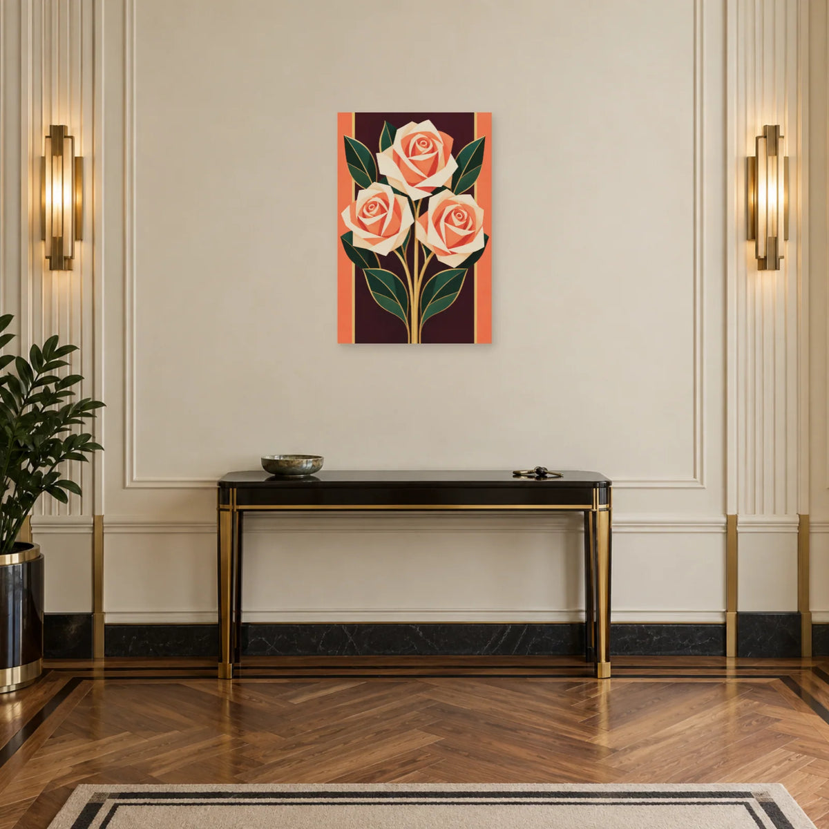Affiche Art déco - Roses en spirales ivoire dans une entrée ou un couloir - Art Virtuoso