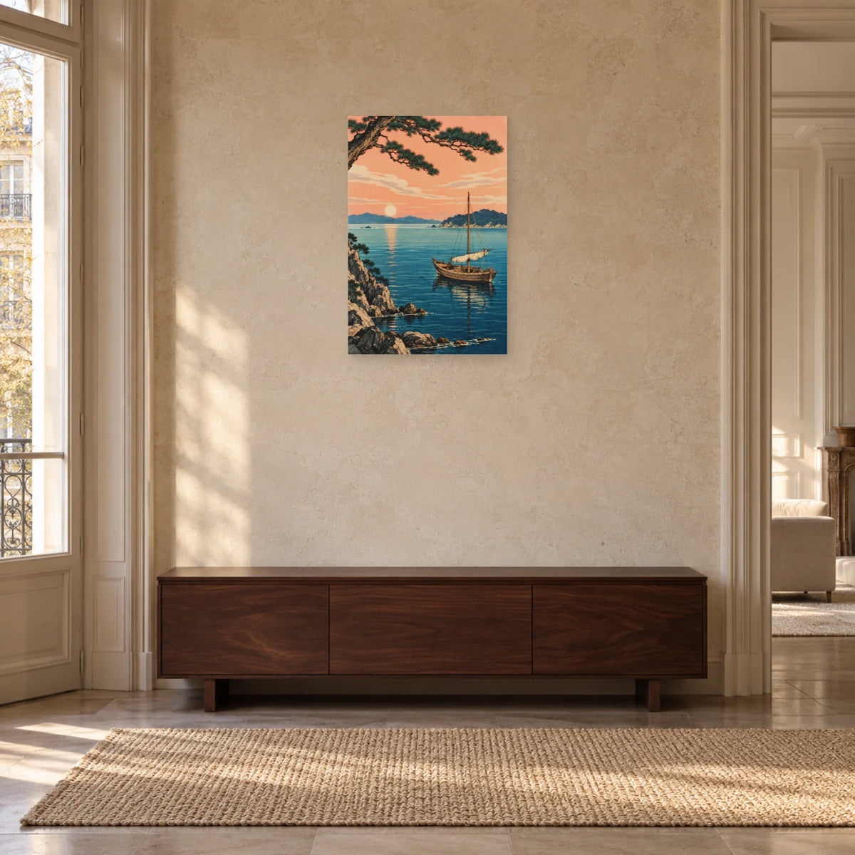 Affiche Barque japonaise - Baie paisible dans une entrée ou un couloir - Art Virtuoso