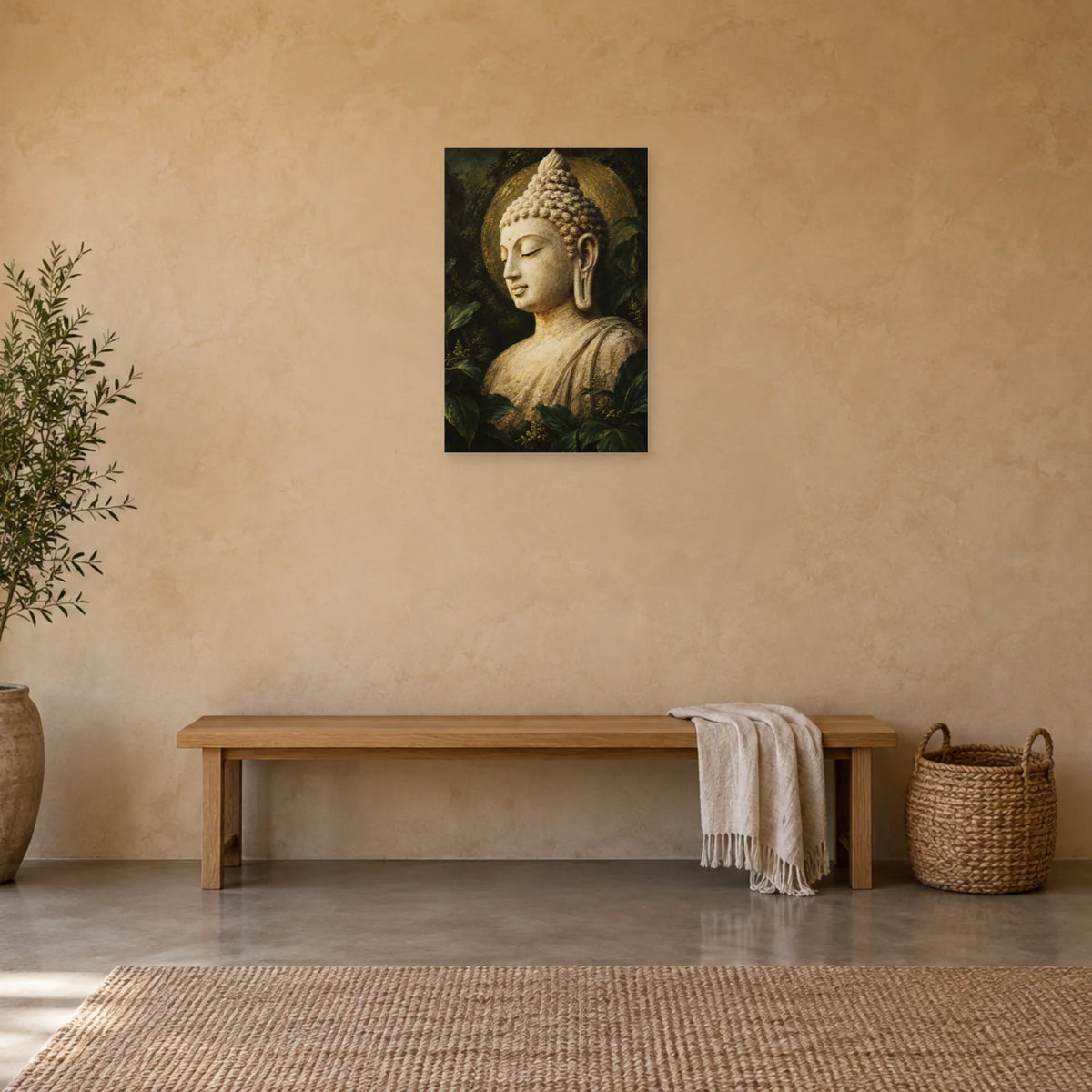 Affiche Bouddha - Visage de pierre et jade dans une entrée ou un couloir - Art Virtuoso