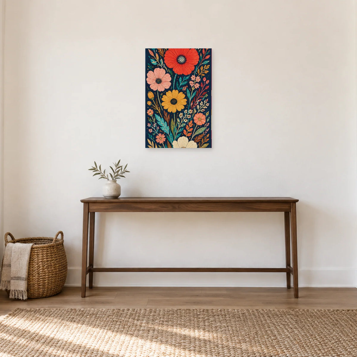 Affiche Bouquet folk sur bleu nuit dans une entrée ou un couloir - Art Virtuoso