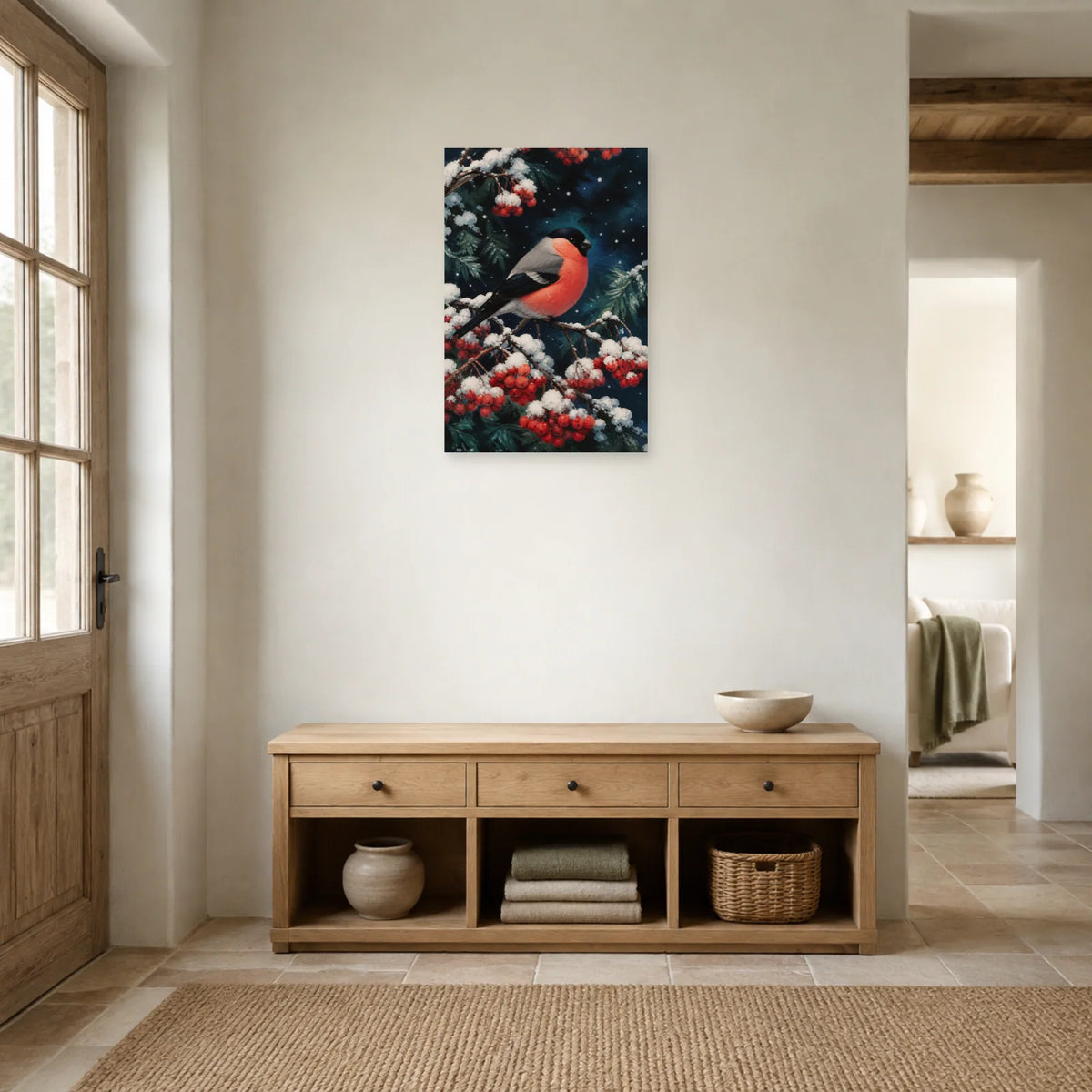 Affiche Bouvreuil pivoine sous la neige dans une entrée ou un couloir - Art Virtuoso