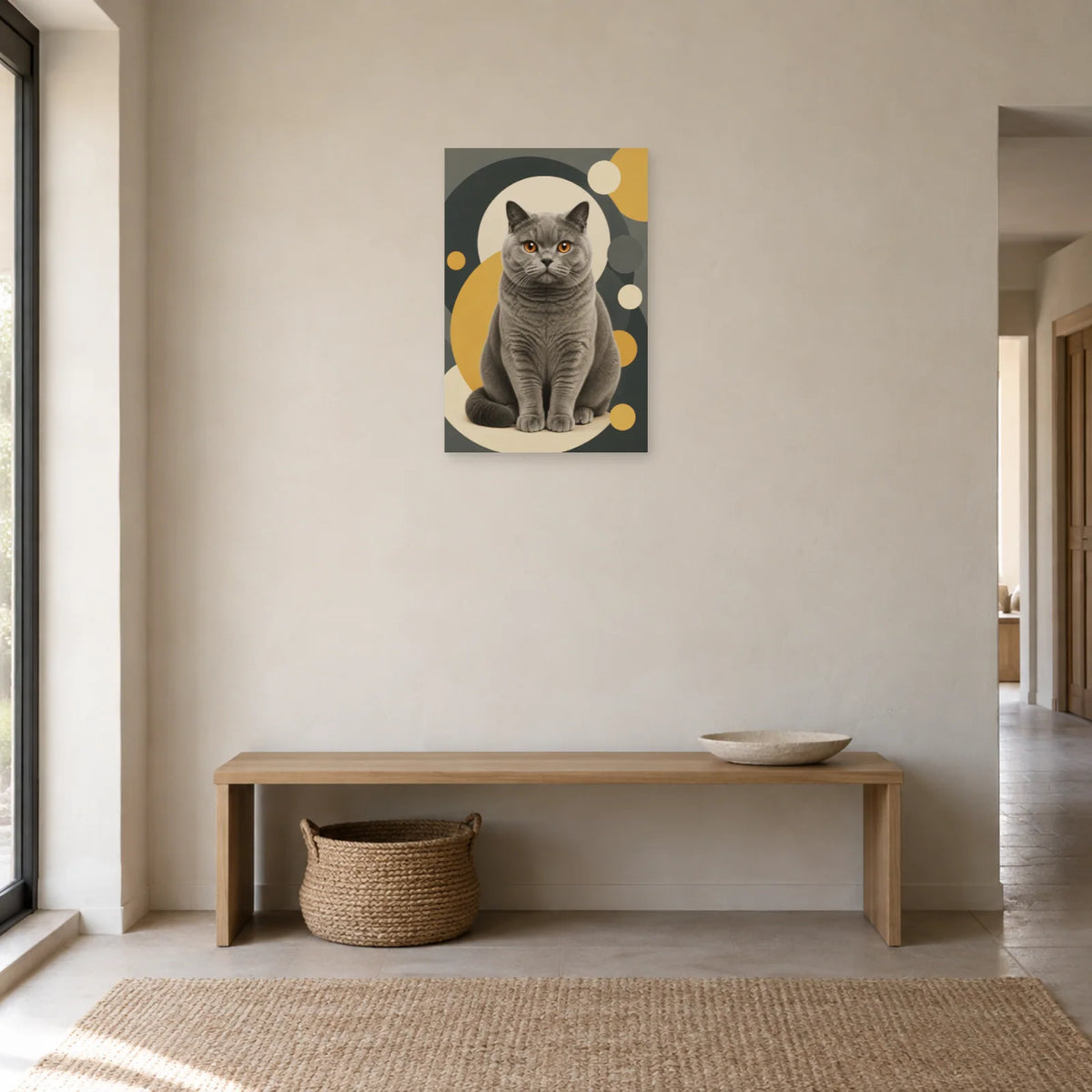 Affiche British Shorthair – Regard cuivre dans une entrée ou un couloir - Art Virtuoso