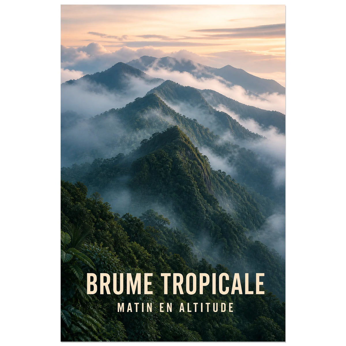 Affiche Brume tropicale – Matin en altitude, photographie atmosphérique de reliefs tropicaux en altitude verticale, format 60 × 90 cm