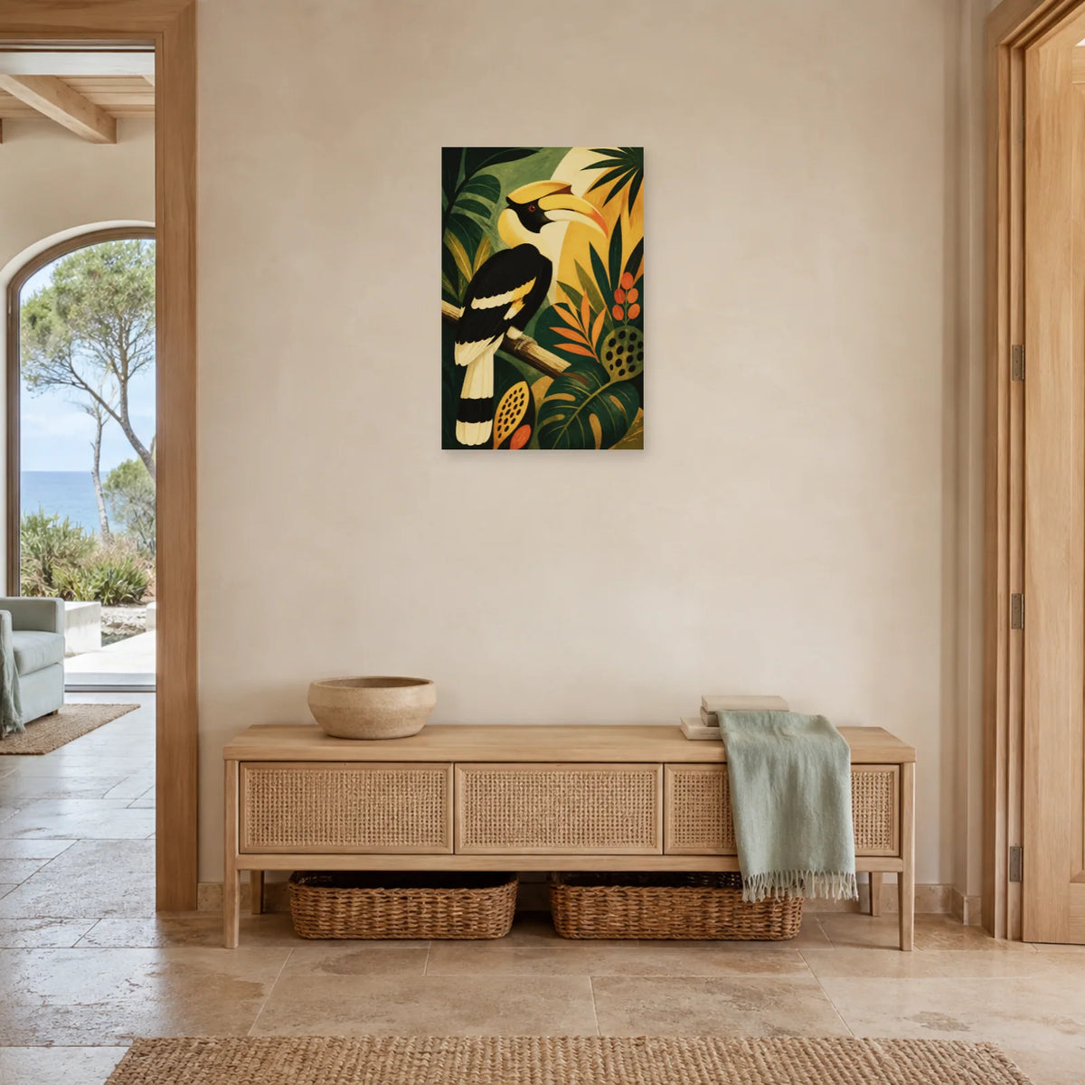 Affiche Calao de jungle moderniste dans une entrée ou un couloir - Art Virtuoso