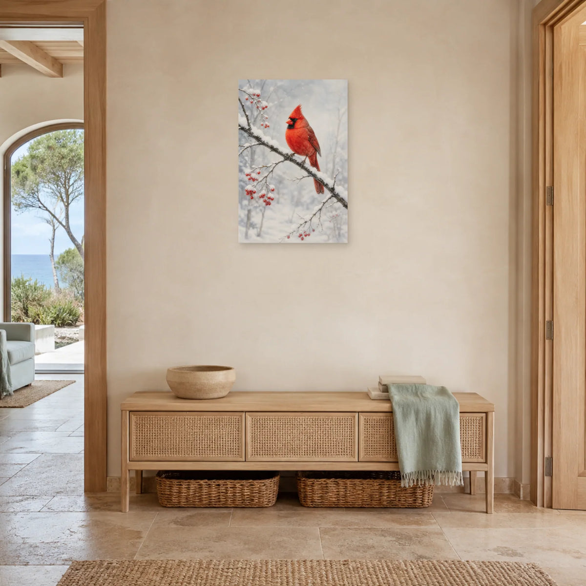 Affiche Cardinal rouge dans la neige dans une entrée ou un couloir - Art Virtuoso