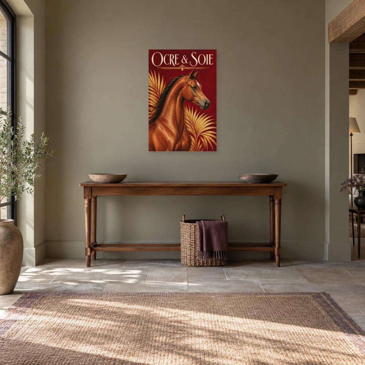Affiche Cheval arabe - Ocre et soie dans une entrée ou un couloir - Art Virtuoso