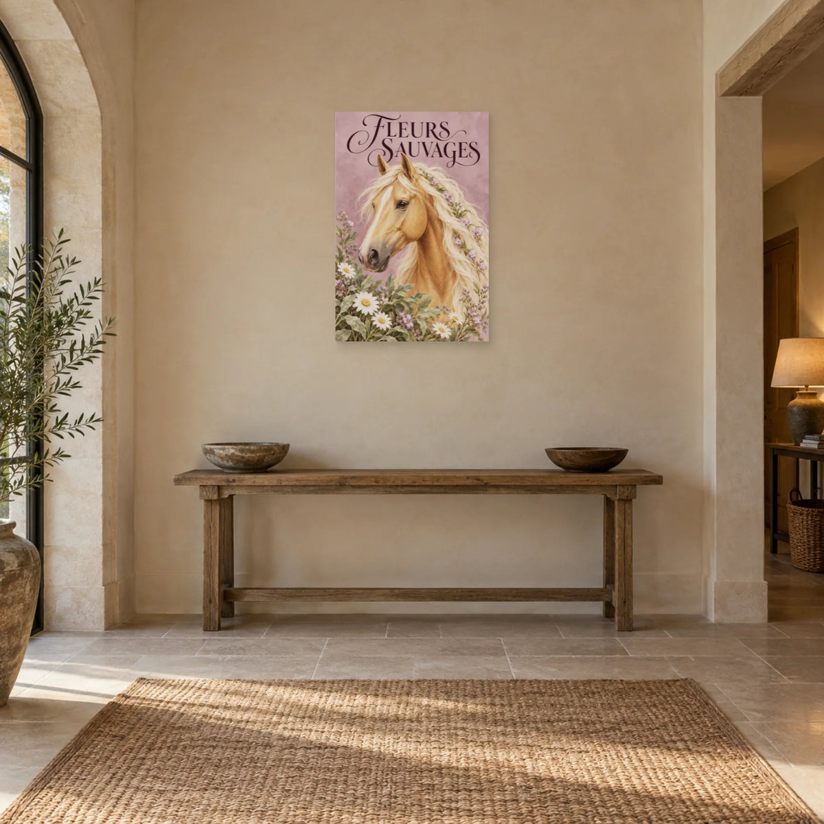 Affiche Cheval palomino - Fleurs sauvages dans une entrée ou un couloir - Art Virtuoso