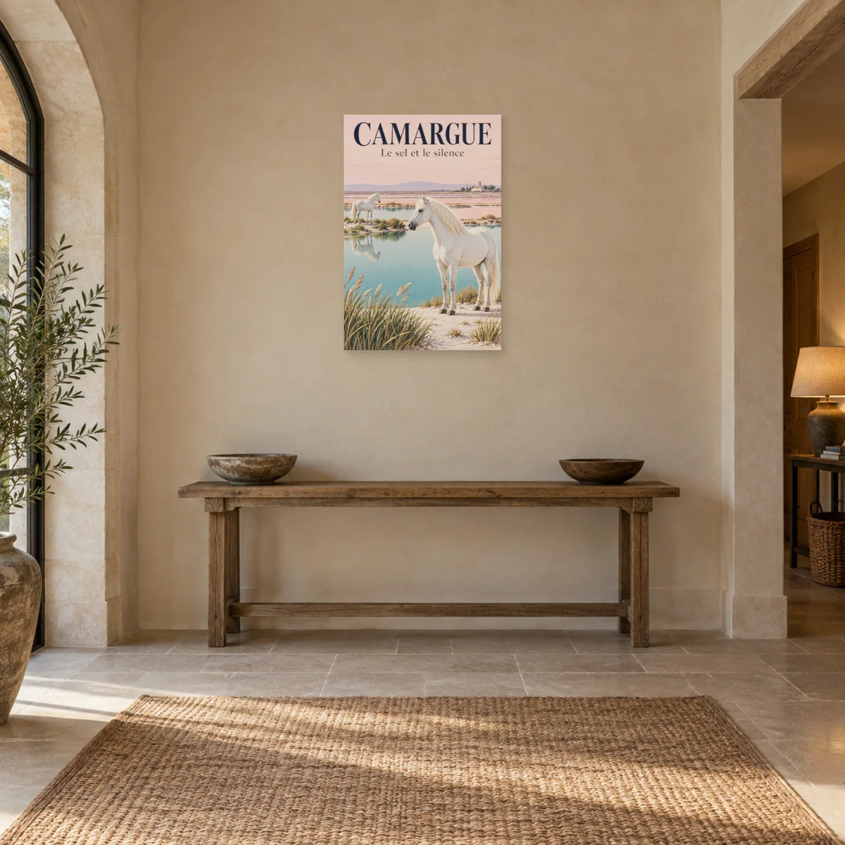 Affiche Chevaux de Camargue - Sel et silence dans une entrée ou un couloir - Art Virtuoso