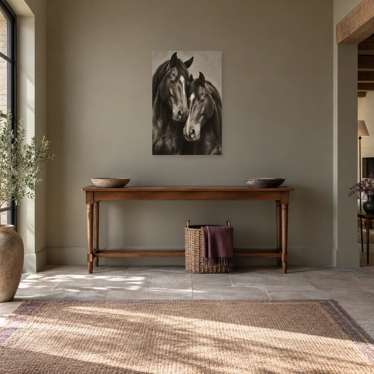 Affiche Chevaux - Duo complice dans une entrée ou un couloir - Art Virtuoso