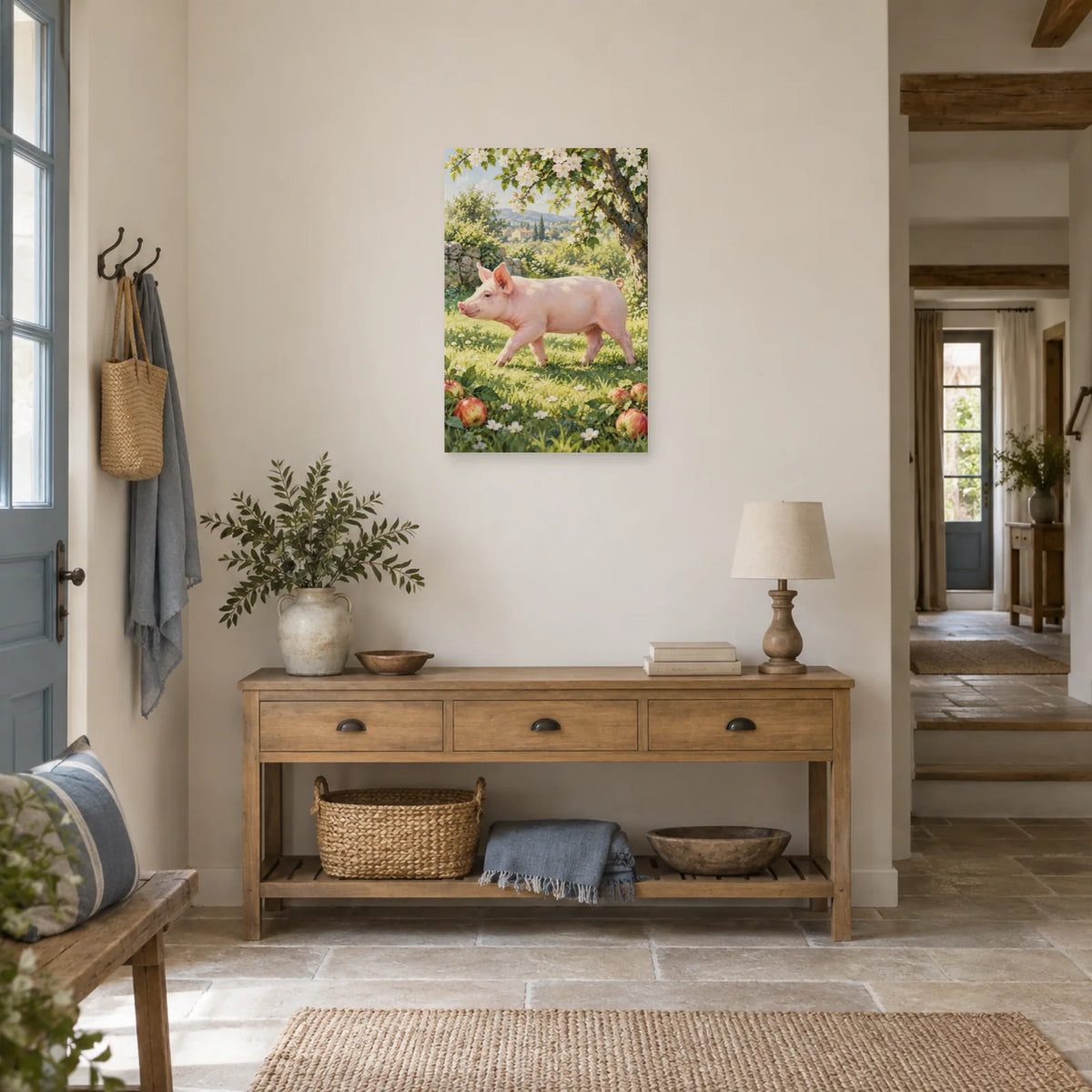Affiche Cochon rose - Verger fleuri dans une entrée ou un couloir - Art Virtuoso
