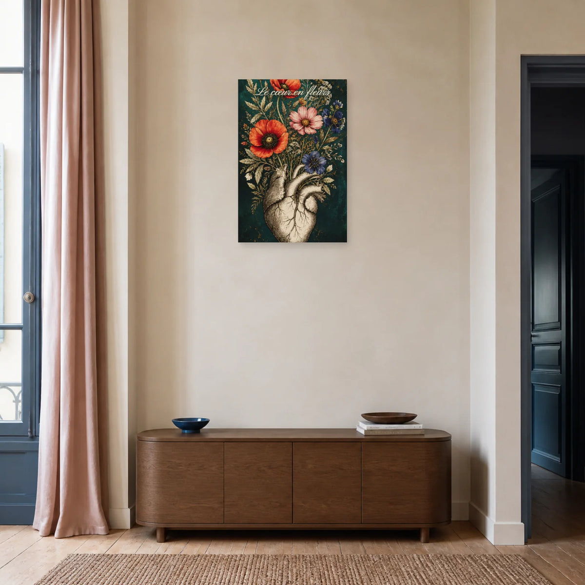 Affiche Le cœur en fleurs - Cœur anatomique botanique dans une entrée ou un couloir - Art Virtuoso
