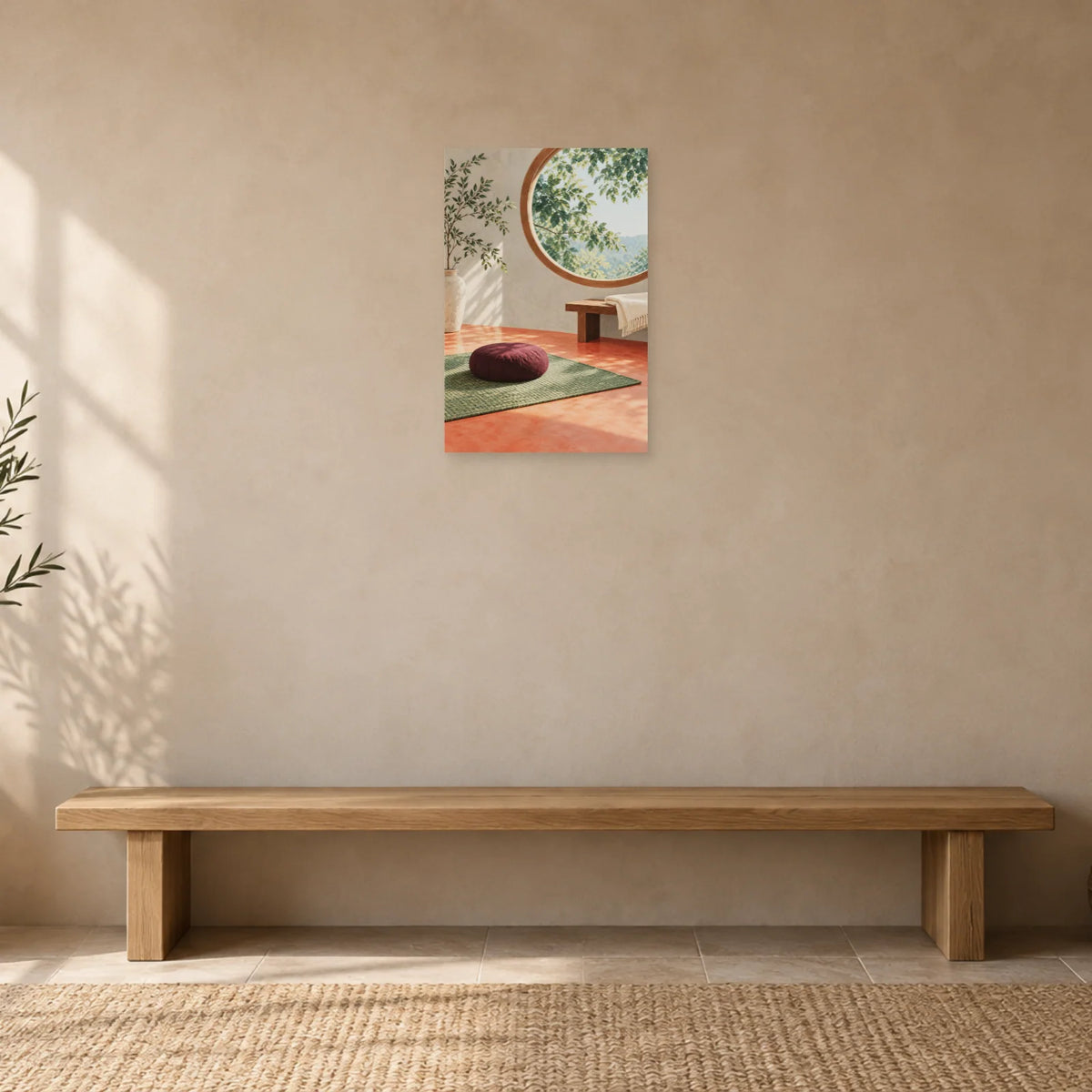 Affiche Coin méditation - Coussin prune dans une entrée ou un couloir - Art Virtuoso
