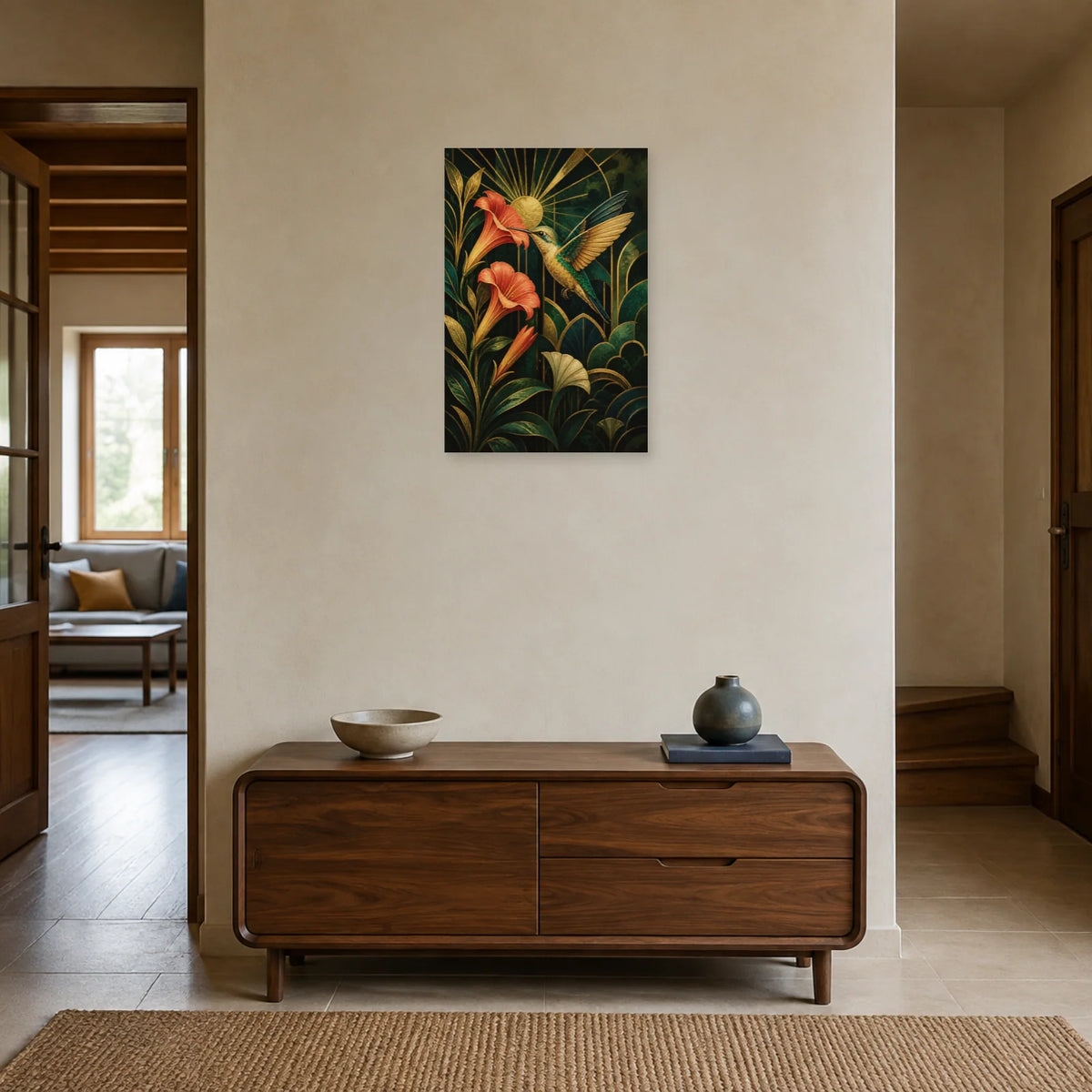 Affiche Colibri doré - Jardin Art déco dans une entrée ou un couloir - Art Virtuoso