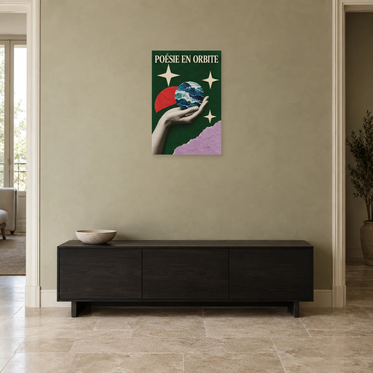 Affiche Collage main - Poésie en orbite dans une entrée ou un couloir - Art Virtuoso