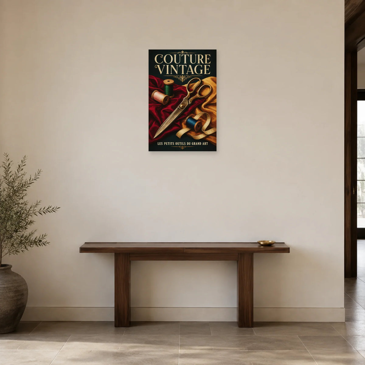 Affiche Couture vintage, ciseaux et bobines dans une entrée ou un couloir - Art Virtuoso
