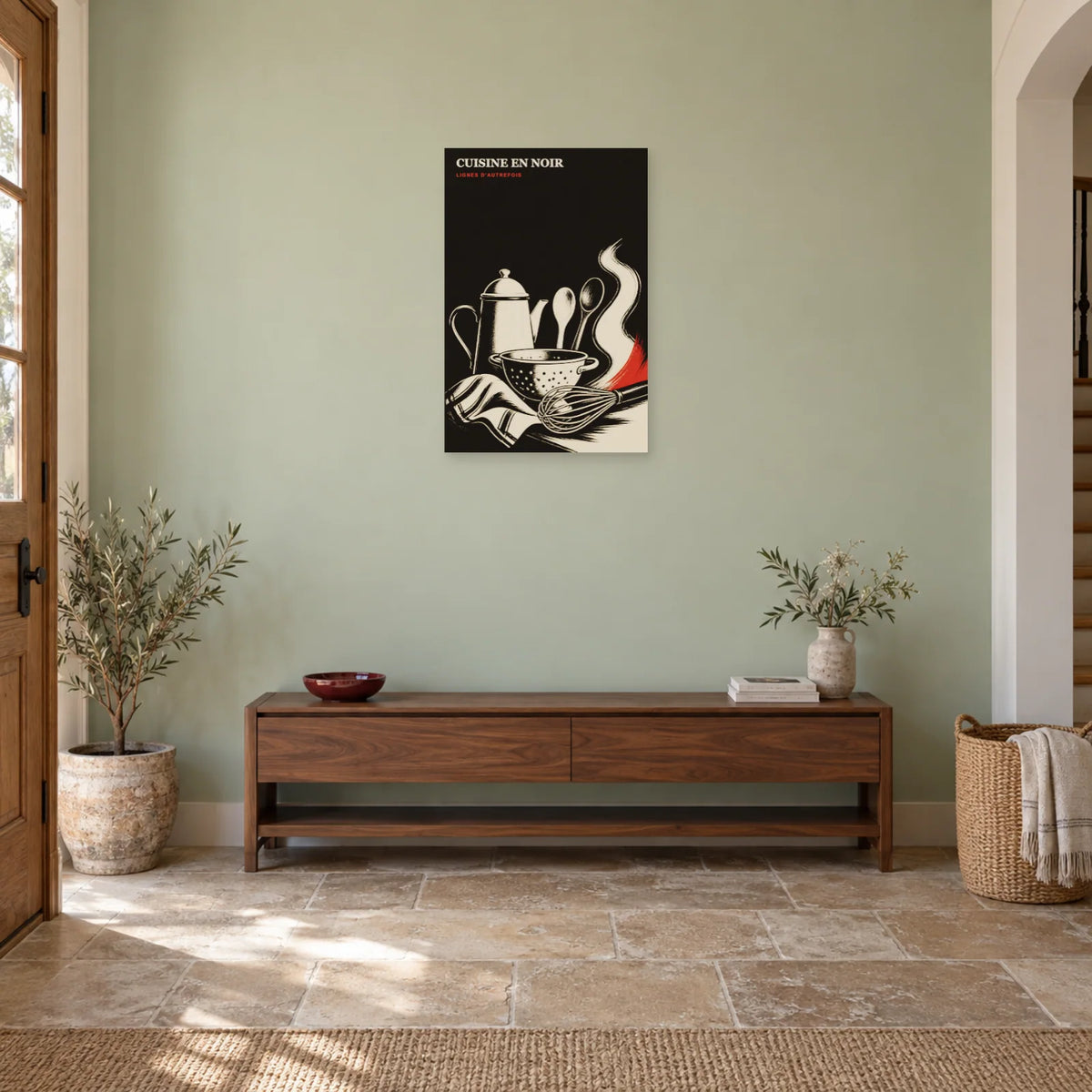 Affiche Cuisine en Noir – Lignes d’Autrefois dans une entrée ou un couloir - Art Virtuoso