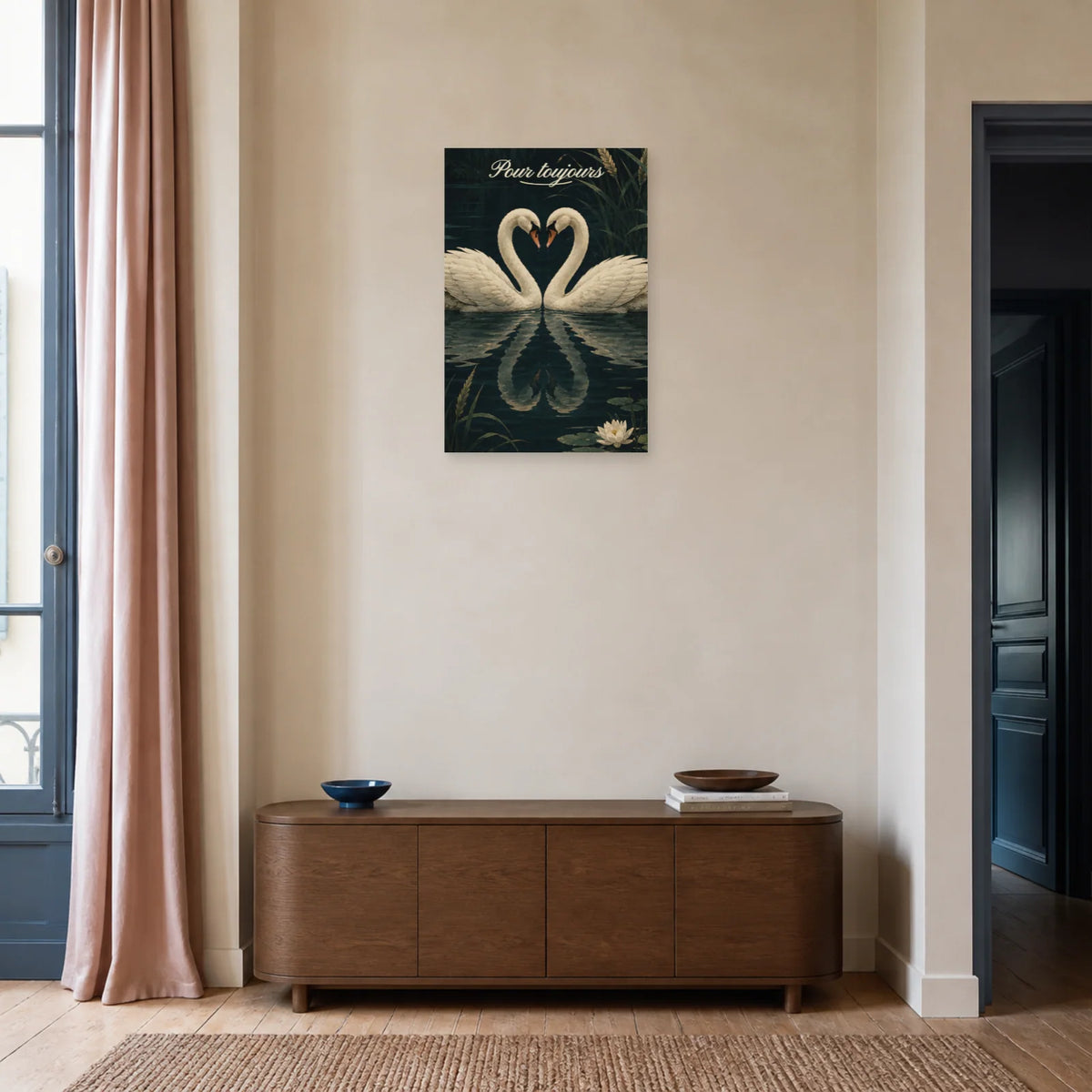 Affiche Pour toujours - Deux cygnes formant un cœur dans une entrée ou un couloir - Art Virtuoso