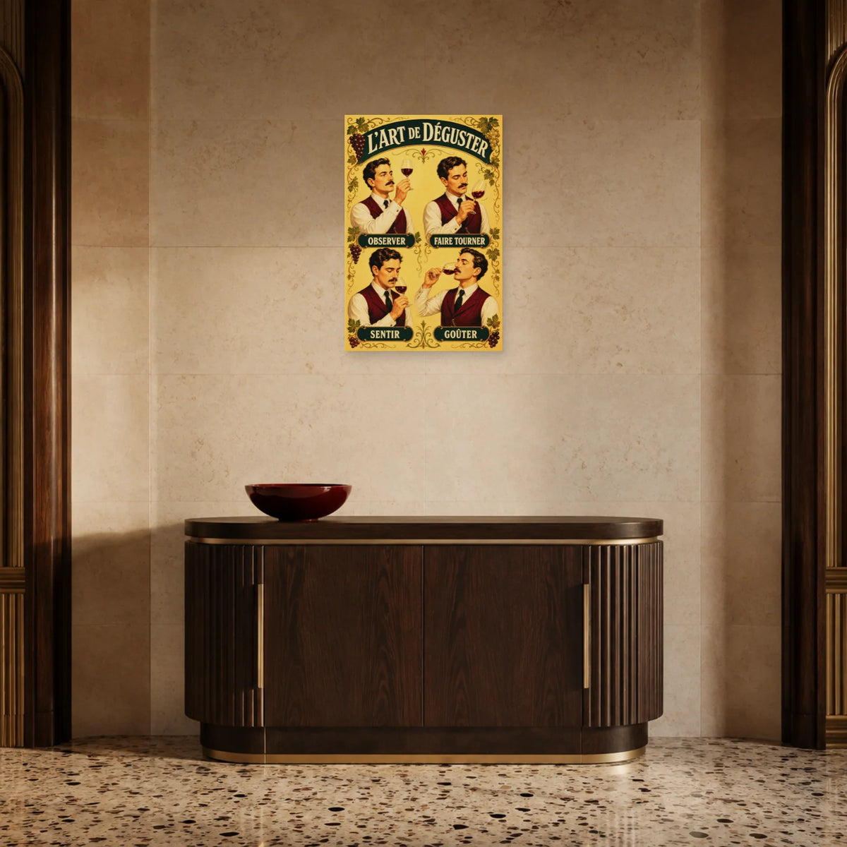 Affiche L’art de déguster, quatre gestes dans une entrée ou un couloir - Art Virtuoso