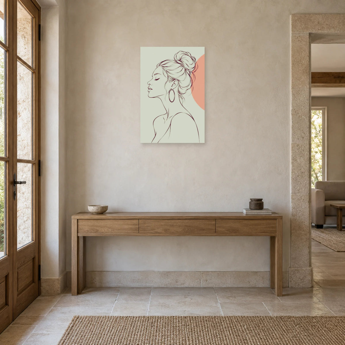 Affiche dessin au trait femme à la boucle d'oreille dans une entrée ou un couloir - Art Virtuoso