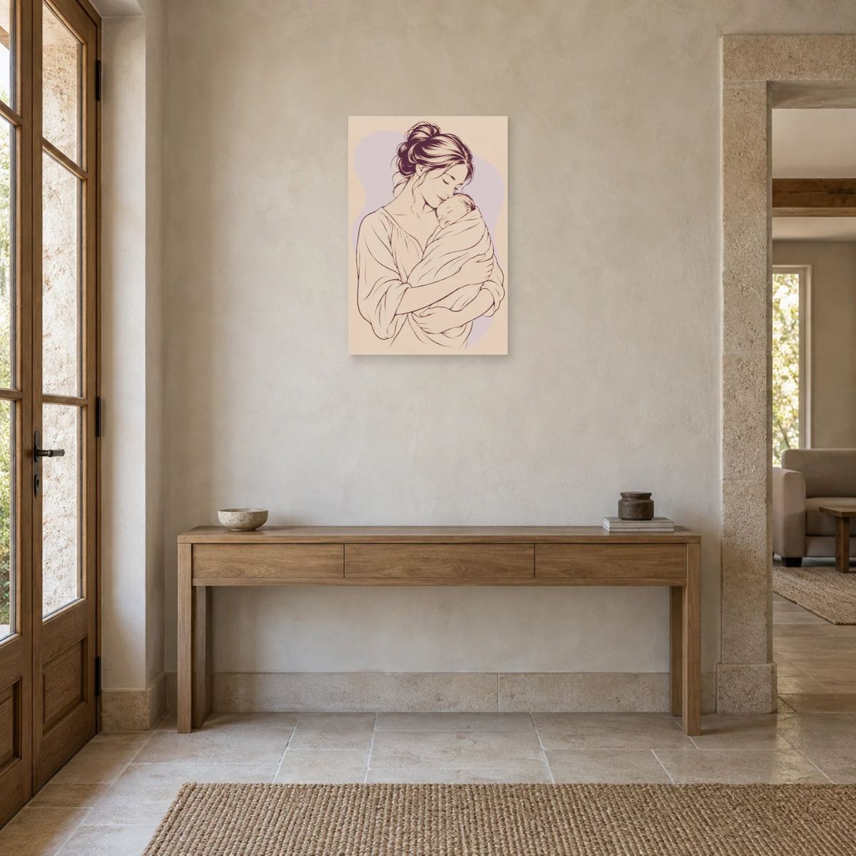 Affiche dessin au trait mère et enfant blotti dans une entrée ou un couloir - Art Virtuoso