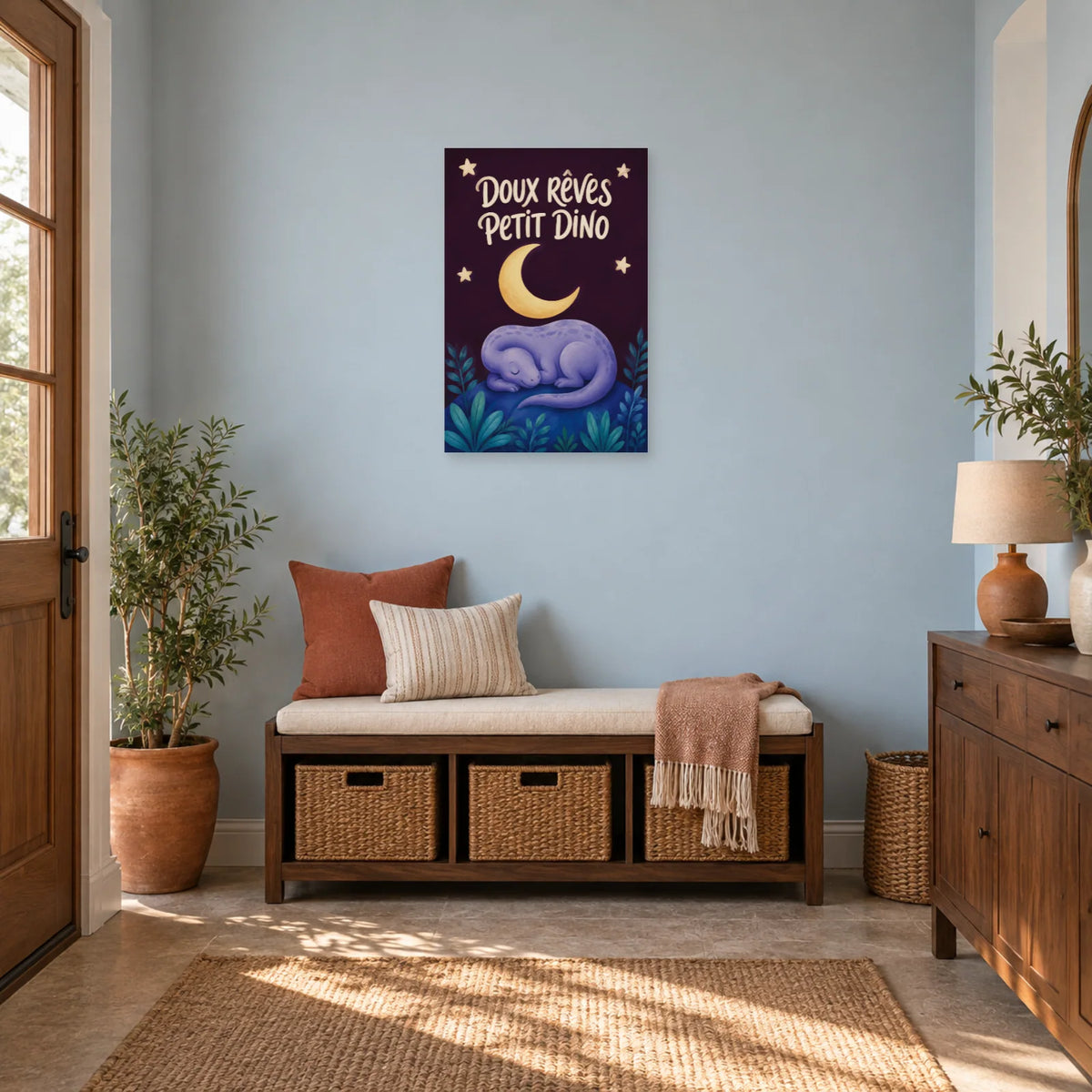 Affiche Doux rêves, petit dino dans une entrée ou un couloir - Art Virtuoso