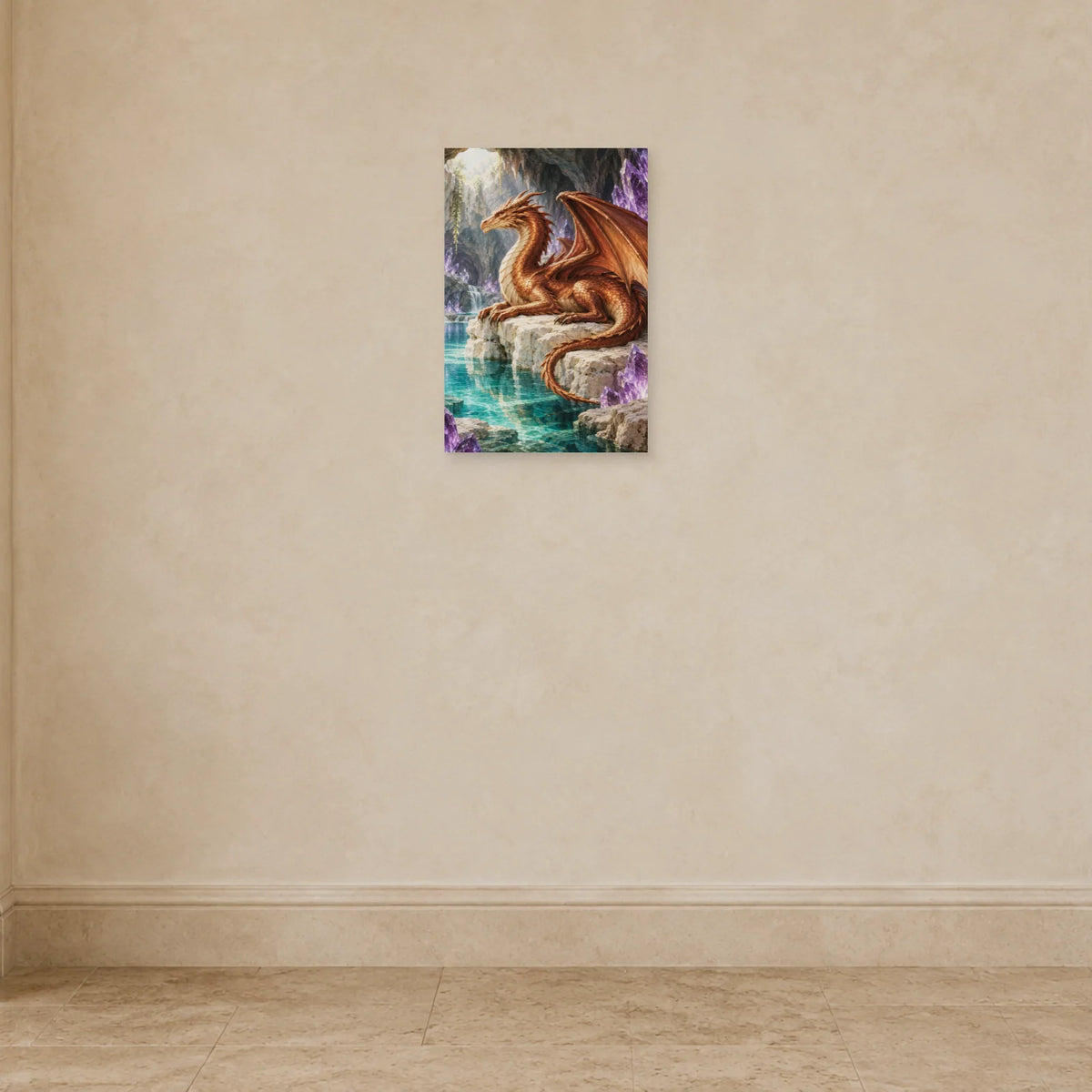 Affiche dragon cuivré dans une grotte de cristaux dans une entrée ou un couloir - Art Virtuoso