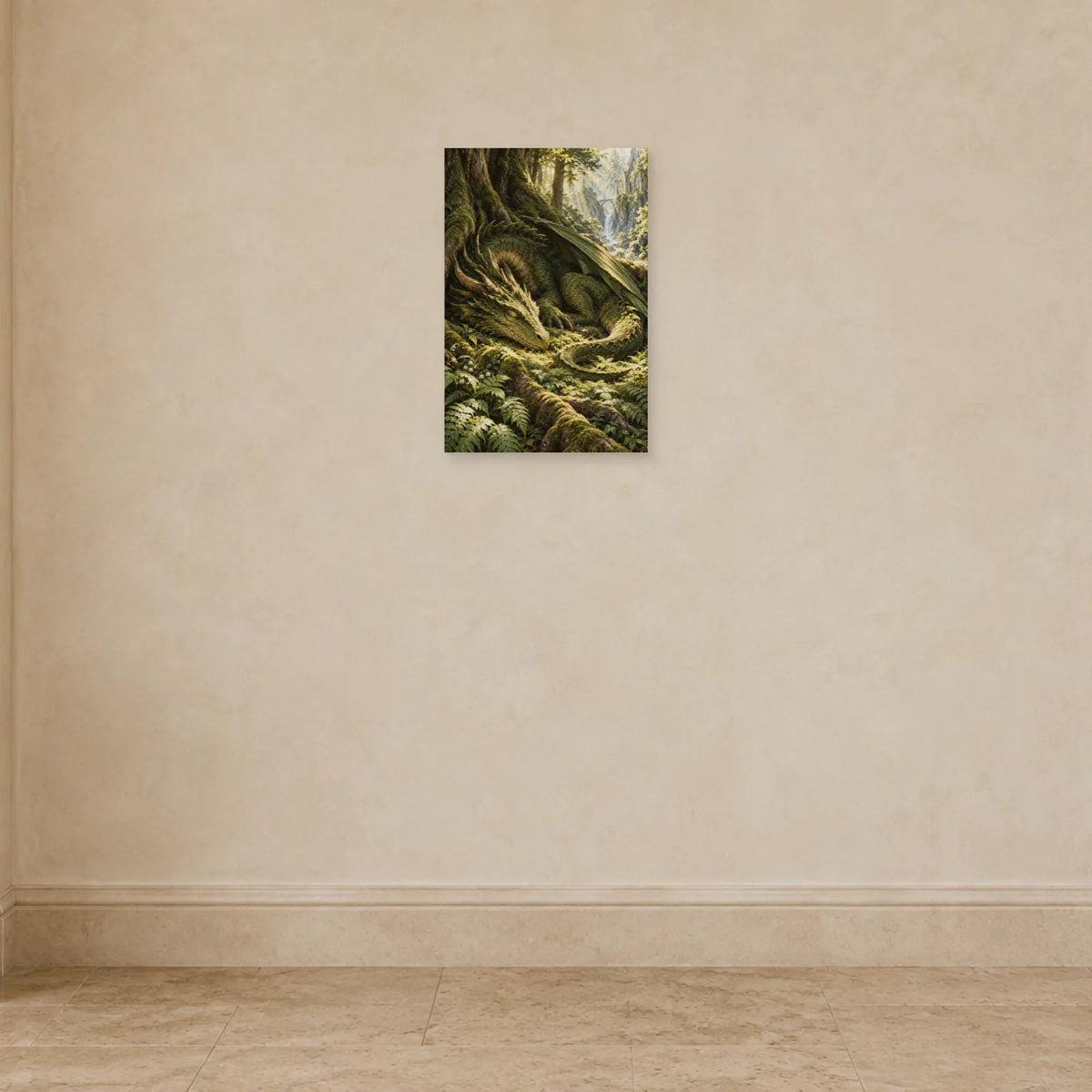 Affiche dragon de forêt parmi les racines dans une entrée ou un couloir - Art Virtuoso