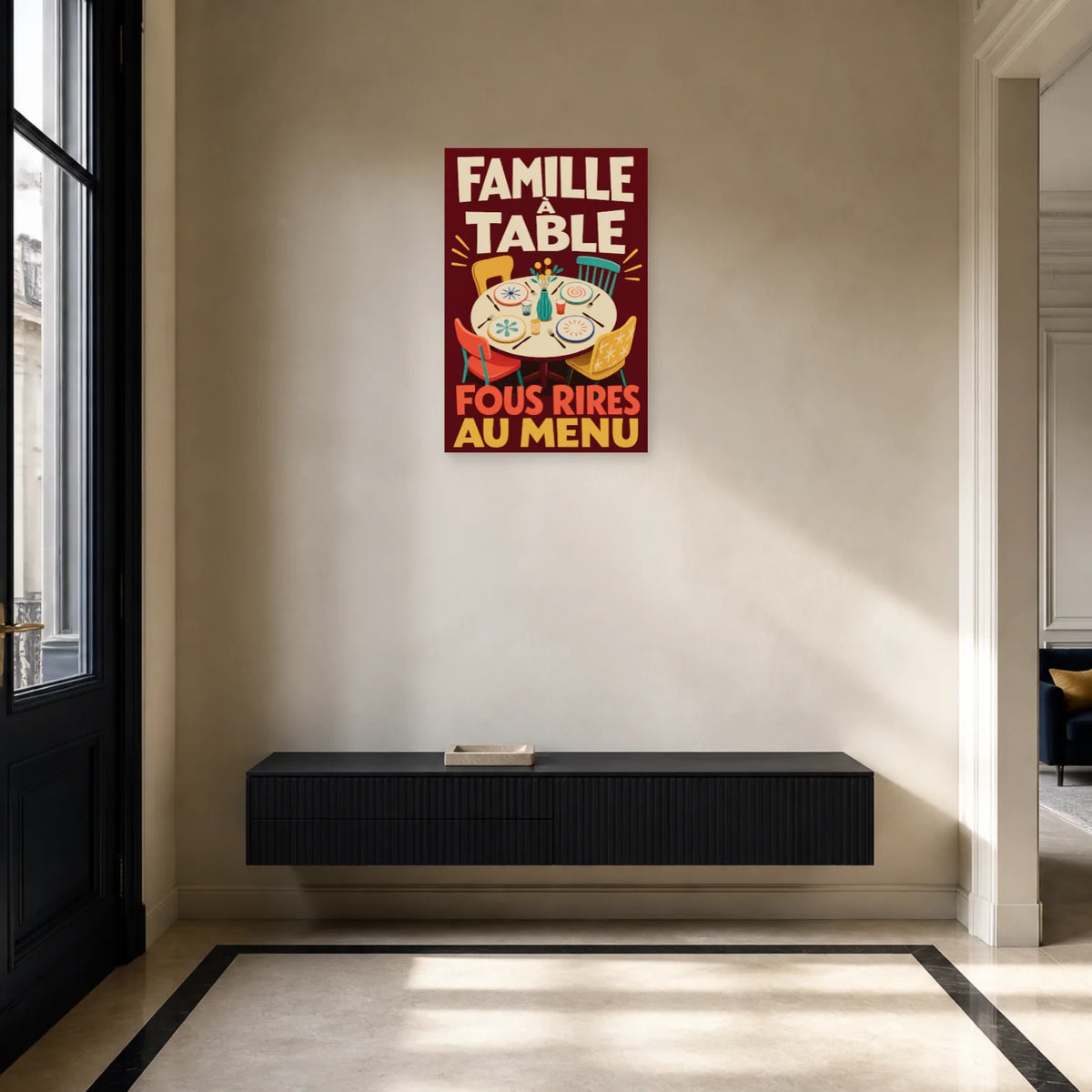 Affiche Famille à table – Fous rires au menu dans une entrée ou un couloir - Art Virtuoso