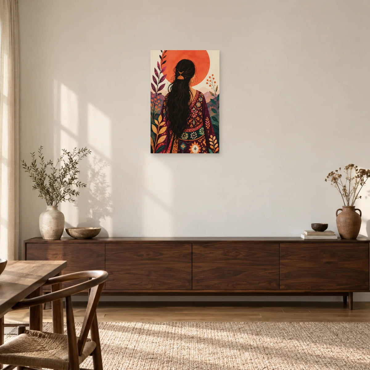 Affiche Femme bohème devant le soleil dans une entrée ou un couloir - Art Virtuoso