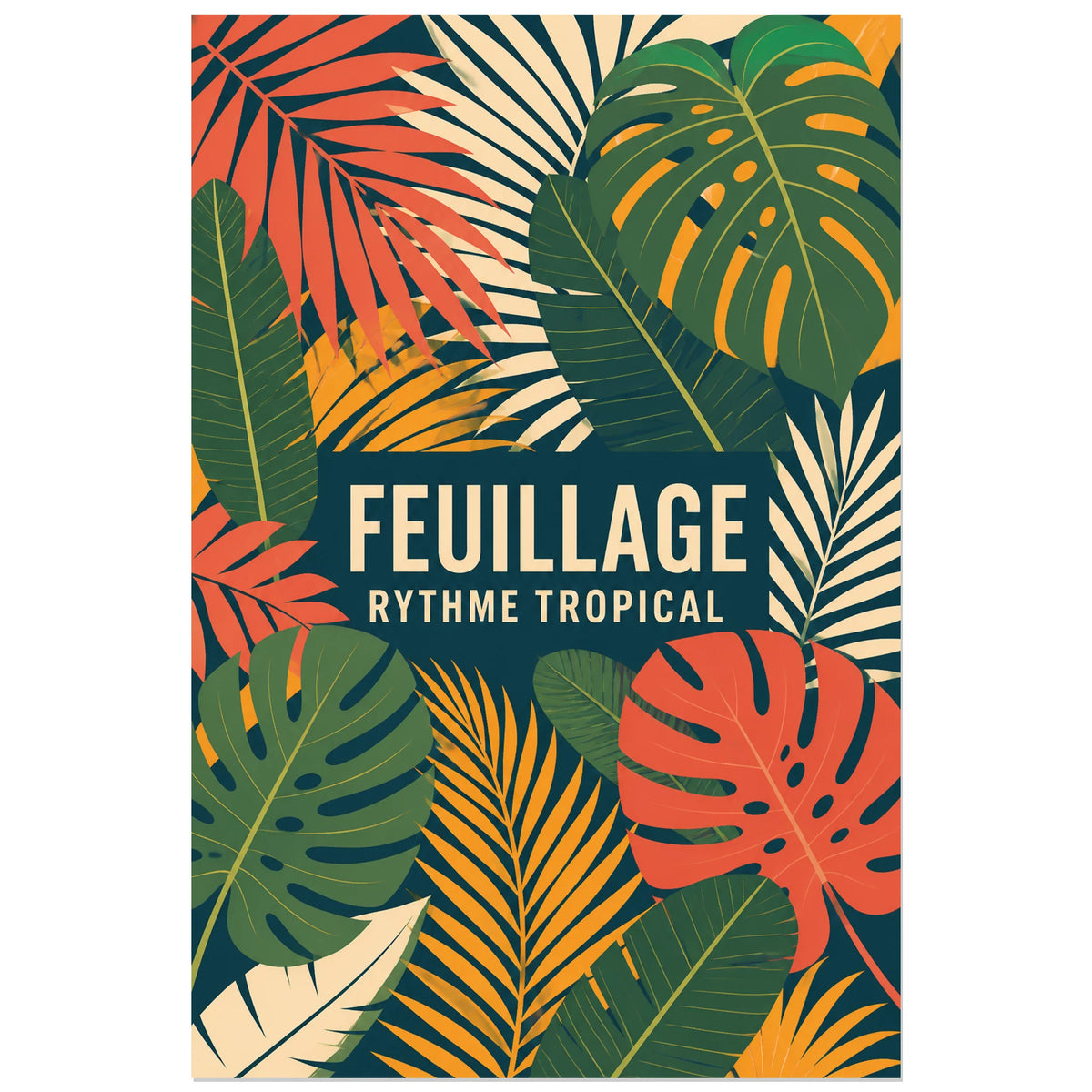 Affiche Feuillage – Rythme tropical, illustration tropicale moderne inspirée du textile et de la sérigraphie verticale, format 60 × 90 cm