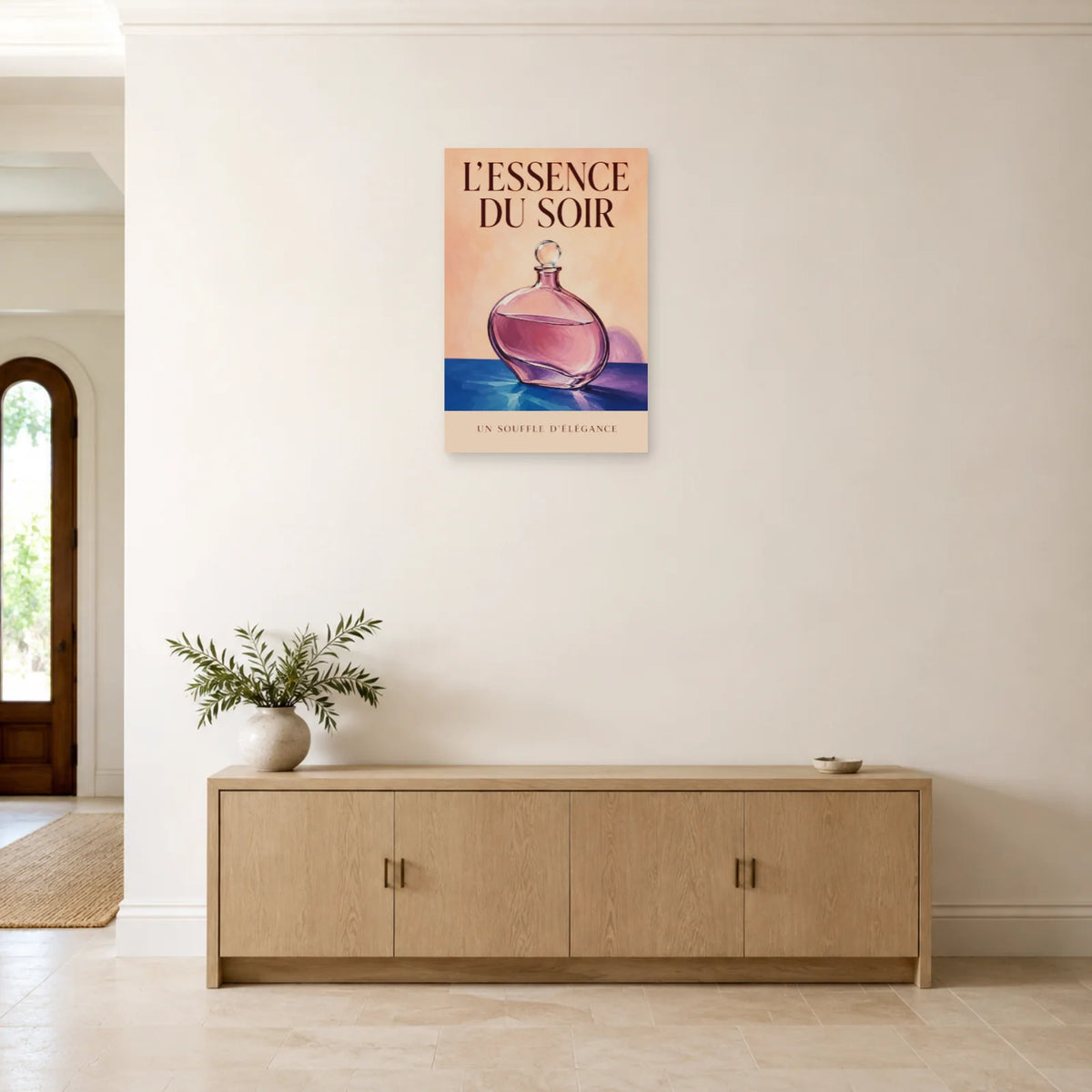 Affiche Flacon de parfum, l’essence du soir dans une entrée ou un couloir - Art Virtuoso