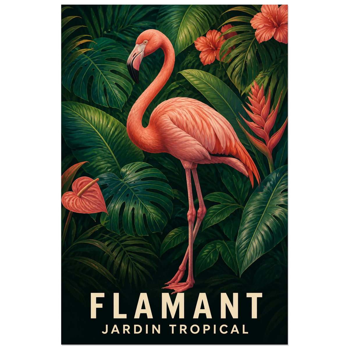 Affiche Flamant – Jardin tropical, illustration décorative animalière en gouache naturaliste verticale, format 60 × 90 cm