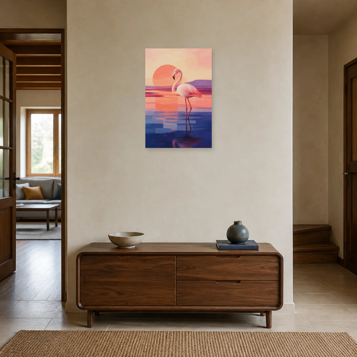 Affiche Flamant rose - Lagune minimaliste dans une entrée ou un couloir - Art Virtuoso