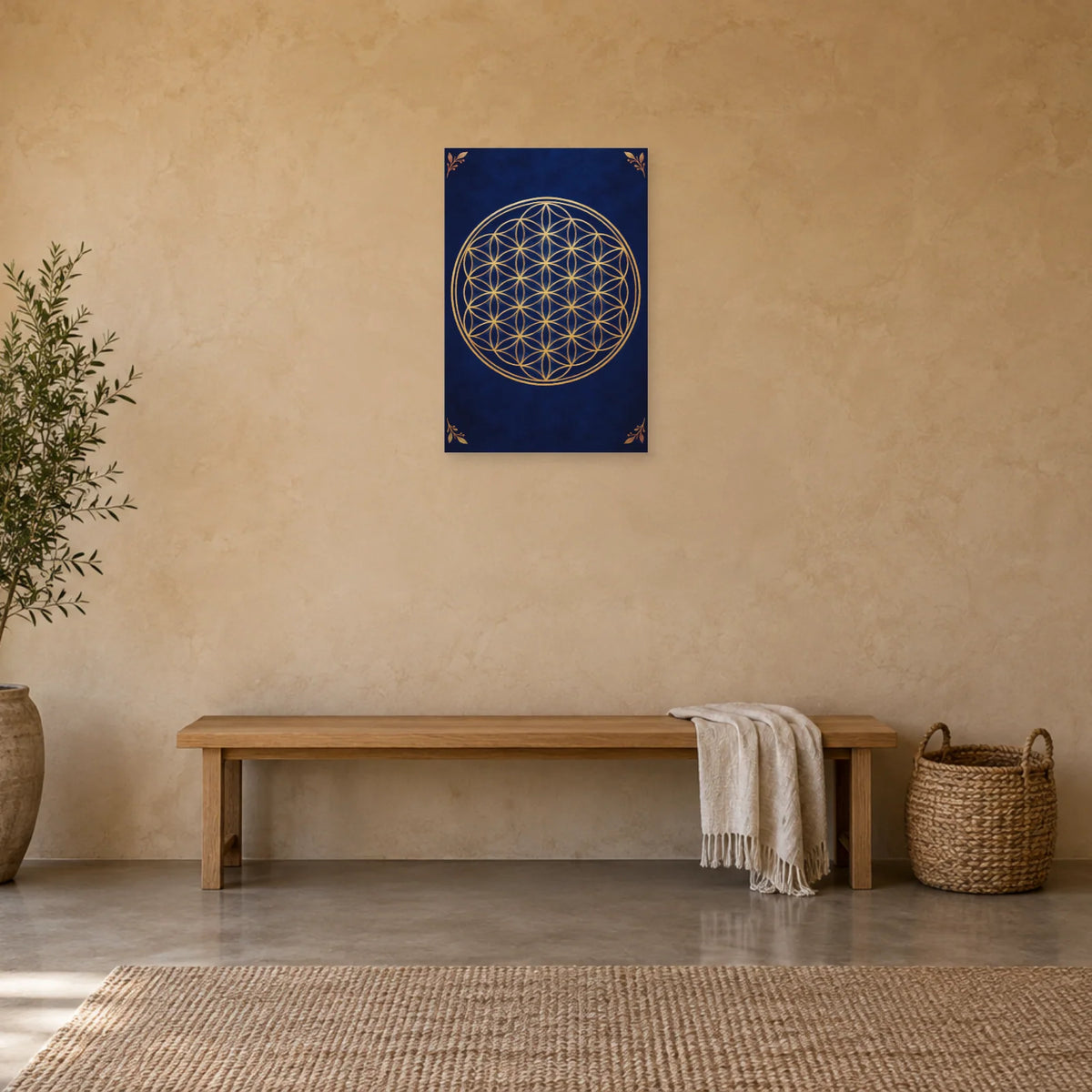 Affiche Fleur de vie - Géométrie dorée dans une entrée ou un couloir - Art Virtuoso
