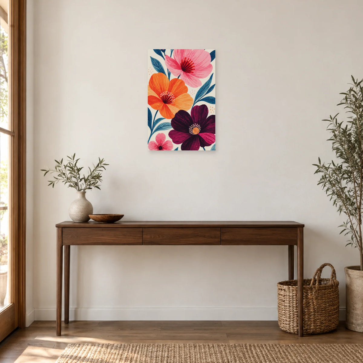 Affiche Fleurs organiques roses et orange dans une entrée ou un couloir - Art Virtuoso