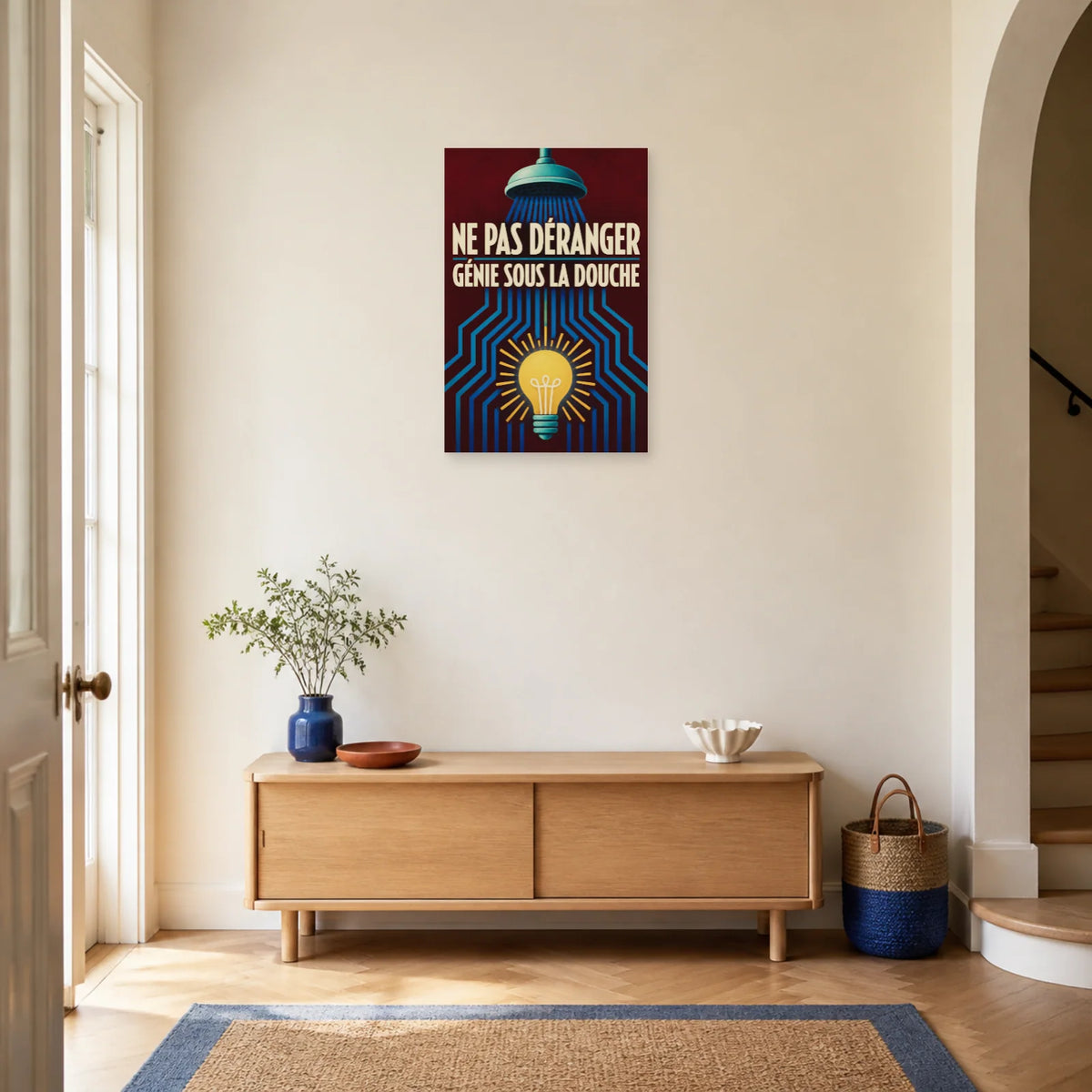 Affiche Ne pas déranger – Génie sous la douche dans une entrée ou un couloir - Art Virtuoso