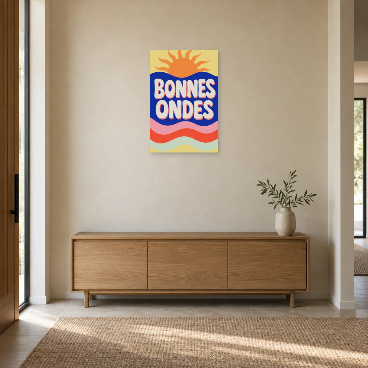 Affiche Bonnes ondes – Soleil graphique dans une entrée ou un couloir - Art Virtuoso